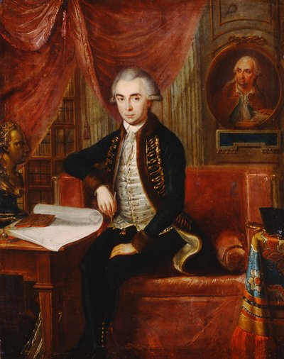 Portrait of Samuel Teleki with an oval portrait of Samuel Bruchental in the background by Janos Marton Stock